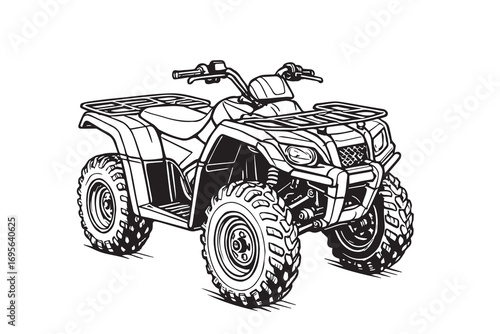 Vector detailed illustration of an All Terrain Vehicle ATV, designed in black and white with bold black outline, perfect for posters, logos, or artwork.