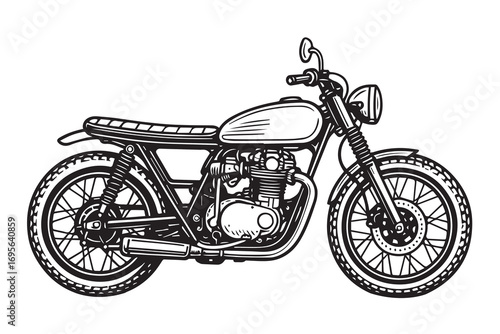 Vector detailed illustration of a brat style motorcycle, rendered in black and white with bold black outline, perfect for posters, logos, or artworks.