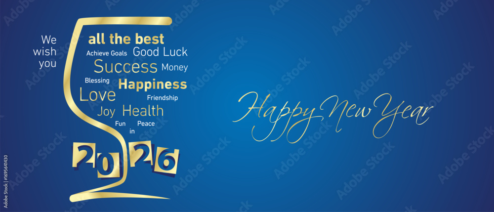 Fototapeta premium Happy New Year 2026 golden negative space numbers. Abstract glass of wine wordcloud text white blue background vector greeting card