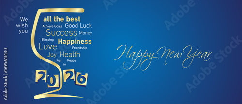 Happy New Year 2026 golden negative space numbers. Abstract glass of wine wordcloud text white blue background vector greeting card