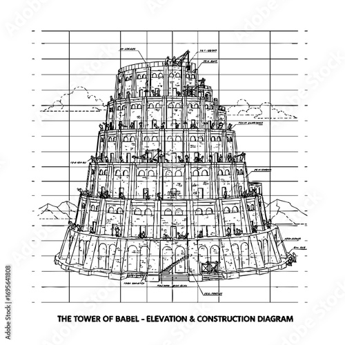 Photography a technical line drawing of The Tower of Babel, black and white