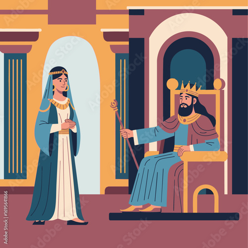 Esther in front of the king of Egypt for request in favor of his people, bible 