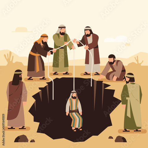 Joseph, son of Jacob is lowered into a pit by his brothers in a story from Genesis, bible