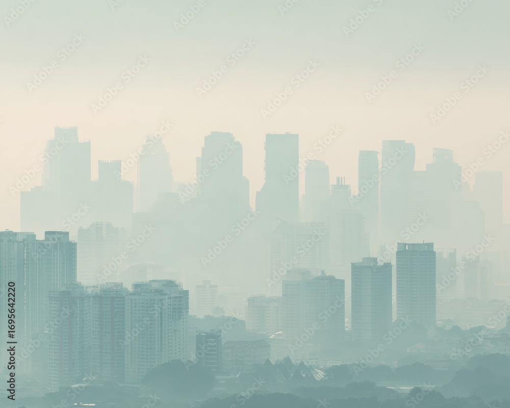 Fototapeta premium High-Quality Urban Air Pollution Concept with Dense Smog Over Capital City Skyline Modern Environmental Alert for Healthcare Marketing Campaigns