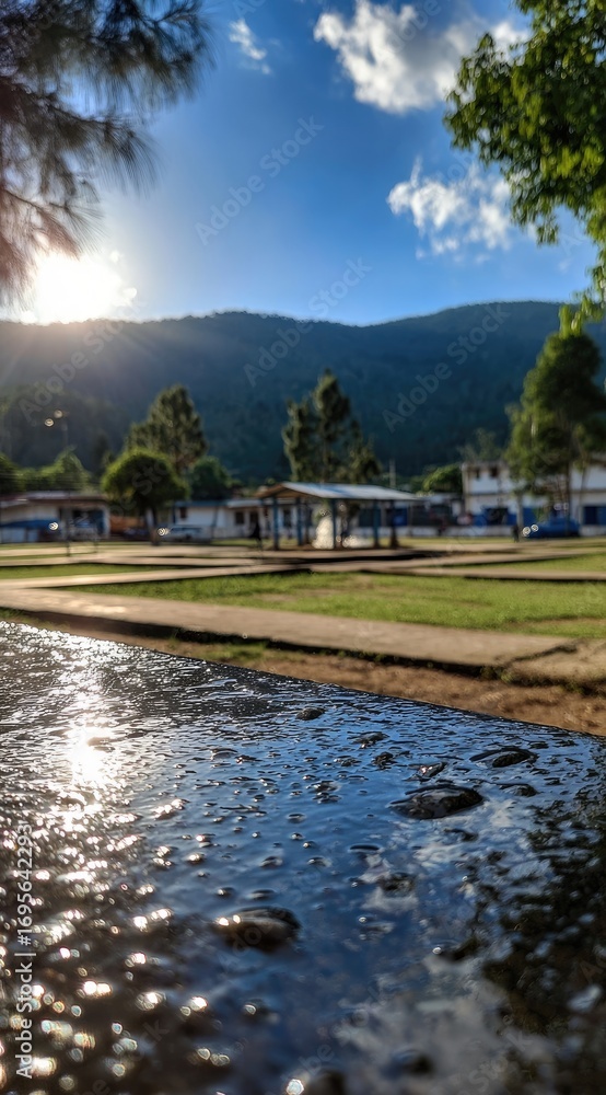 Fototapeta premium Sunny, tranquil town square, water feature
