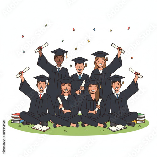 A group of happy graduates sitting together on the grass, wearing caps and gowns while holding diplomas