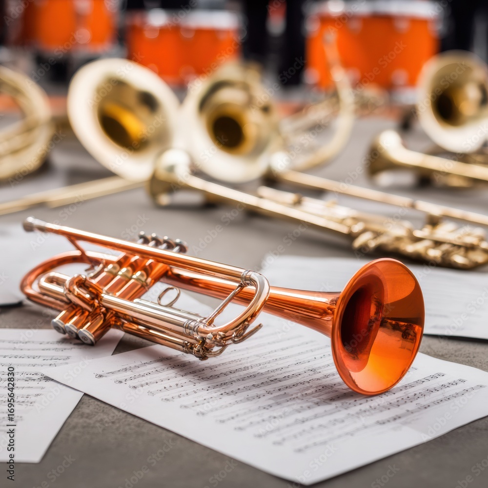 Obraz premium Professional Trumpet and Brass Instruments with Sheet Music for Music Education and Heritage Promotion Authentic Retro Band Spirit for Social Media Content