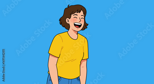 Smiling Woman in Yellow Shirt and Jeans.