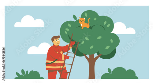 Firefighter Rescuing a Cat Stuck in Tree Illustration.