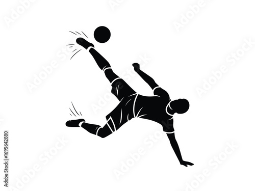 Athletic soccer player executing bicycle kick mid air football athlete