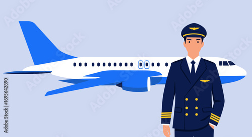 Pilot in Uniform Standing Near Airplane Illustration.