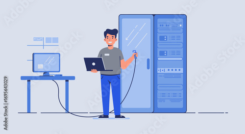 IT Technician Connecting Server with Laptop and Cable.