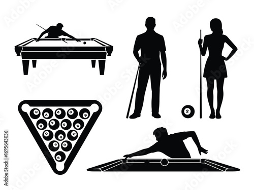 Billiard players equipment and pool table silhouettes balls