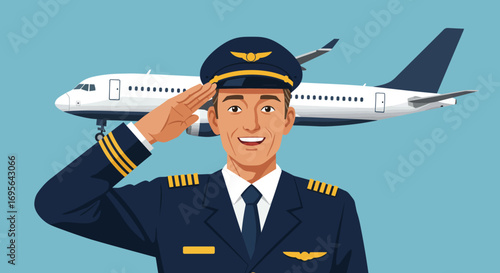 Smiling Pilot in Uniform Saluting with Airplane Background.