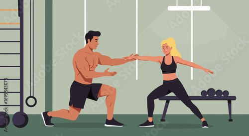 Fitness Trainer Guiding Woman in Exercise Routine.