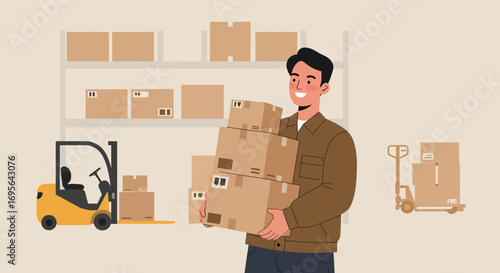 Smiling Warehouse Worker Carrying Cardboard Boxes in Warehouse.