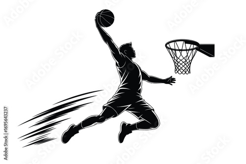 Athletic basketball player soaring for slam dunk hoop sport