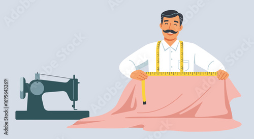 Tailor Measuring Fabric with Sewing Machine Nearby.