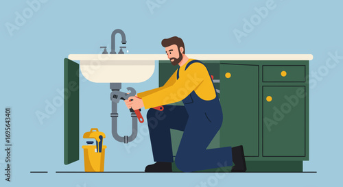 Plumber Repairing Sink Pipes with Adjustable Wrench Illustration.