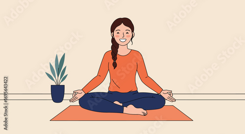 Smiling Woman Meditating in Lotus Position on Mat.