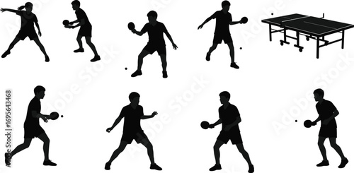 Table tennis players silhouette, ping pong game action, sport activity, man playing with racket, competitive match, training practice, vector illustration