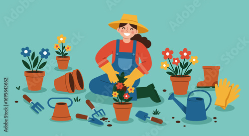 Cheerful Gardener Planting Flowers in a Garden Setting.