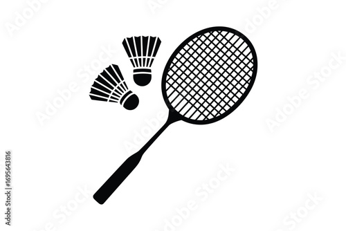 Black badminton racket and shuttlecocks on white background sport equipment