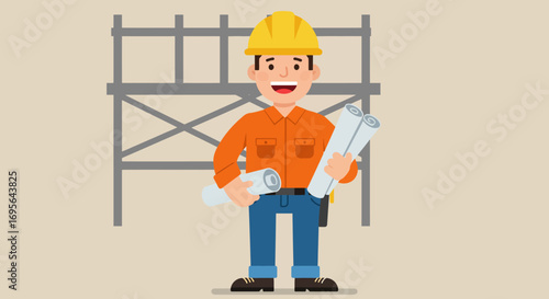 Cheerful Construction Worker Holding Blueprints and Smiling.