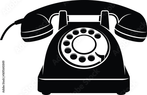 Vintage rotary dial telephone silhouette icon, old retro communication device, antique phone symbol, classic black design, traditional landline communication illustration