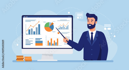 Businessman Presenting Financial Data on Computer Screen.
