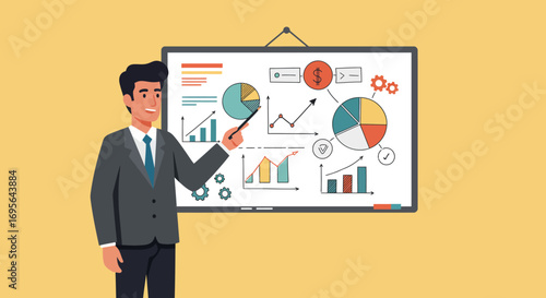Businessman Presenting Financial Data on Whiteboard.