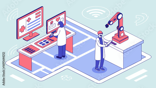 Vector isometric illustration of a modern office building with people and network connection concept