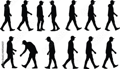 Walking man silhouettes, casual male figure, standing poses, urban lifestyle, movement illustration, people walking, modern street style, vector design, casual wear
