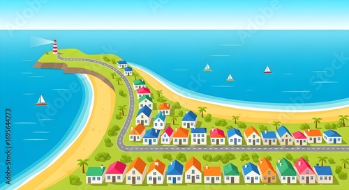 Coastal town illustration featuring a lighthouse on a cliff, houses along a road, boats sailing on the ocean, and a beautiful sunny day.