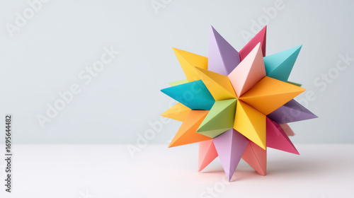 A colorful origami star sculpture made from various shades of paper, showcasing geometric shapes and artistic design.