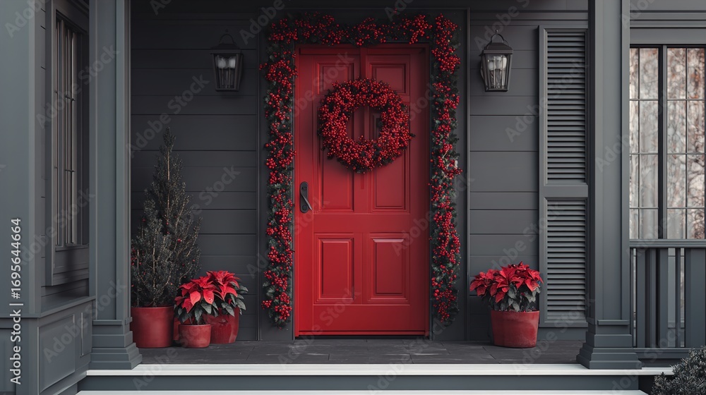 Fototapeta premium Beautiful Floral House Entrance Decor with Red and White Flowers | Elegant Front Door Styling
