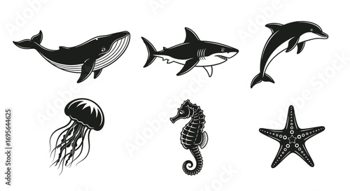 A collection of six distinct marine animals rendered in a black and white illustration style.