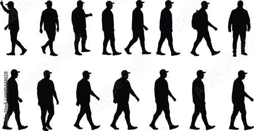 Walking man silhouettes, casual male figure, street style, urban lifestyle, people movement, modern design, standing poses, outdoor activity, vector illustration, fashion