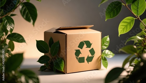 Recycling Cardboard Box with Green Leaves Sustainable Packaging Concept