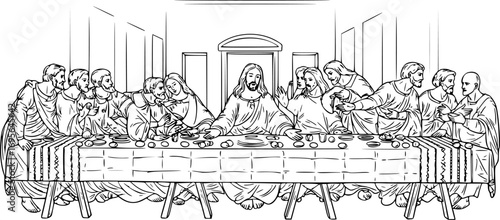 Hand-Drawn Vintage Sketch of The Last Supper – Jesus Christ with Twelve Apostles at the Table, Religious Fresco Vector Illustration