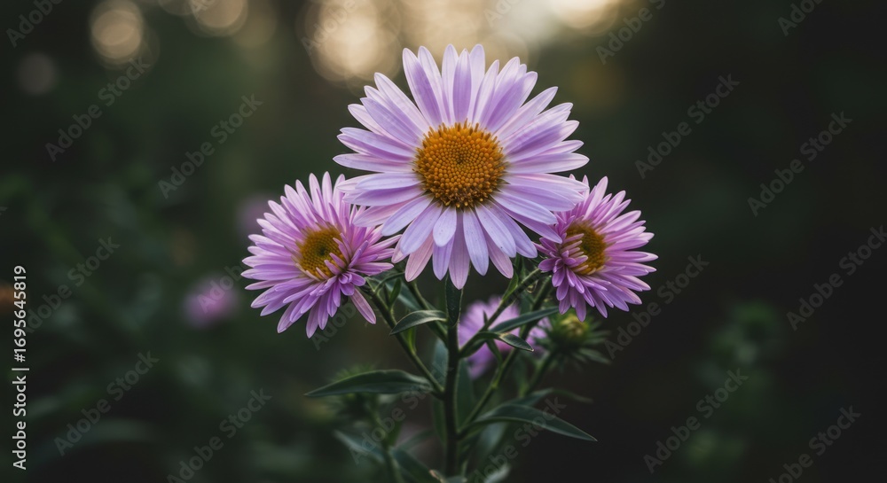 Obraz premium Closeup of three purple asters with yellow centers in soft focus