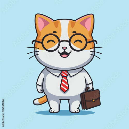 Adorable Cartoon Cat Wearing Business Attire with Glasses and Briefcase.