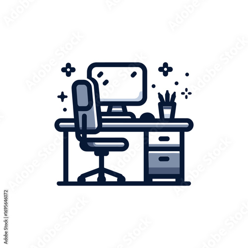 Modern home office setup with desk, computer, and decor