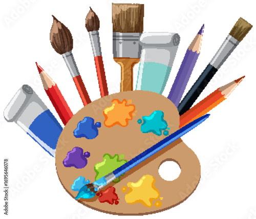 Art supplies palette brushes pencils paints and eraser creative tools for artists