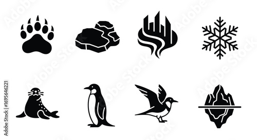 A set of eight black icons representing arctic and antarctic wildlife and natural phenomena, including a polar bear paw, penguin, seal, and iceberg.