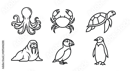 Line art illustration of various sea animals and birds.