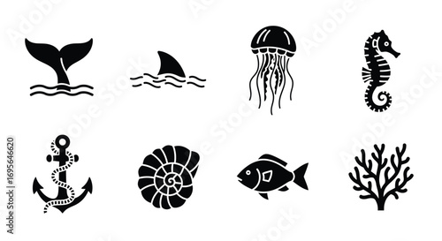 Collection of black and white marine life icons, including whale tail, shark fin, jellyfish, seahorse, anchor, seashell, fish, and coral.