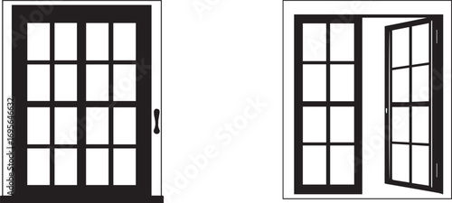 Black silhouette of a closed door and an open window with multiple panes vector illustration