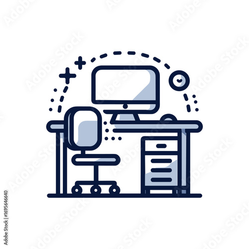 Modern workspace setup with computer and chair design