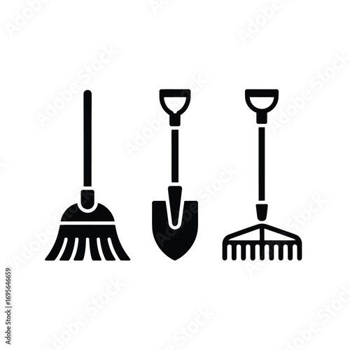 Black garden tools broom shovel rake icons cleaning